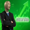 Stonks meme man — suave suited investor in front of a rising green chart